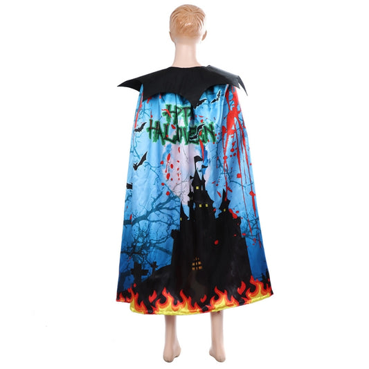 Kids Halloween printed double-layer cloak dress, black hood with blue castle and flames hem