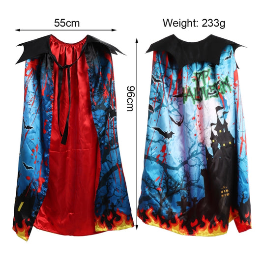 Kids printed cloak dress, blue haunted design with red lining and flame trim, measured view
