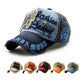 Casual baseball cap in dark blue with light blue front panel, embroidered letters, and side patch.