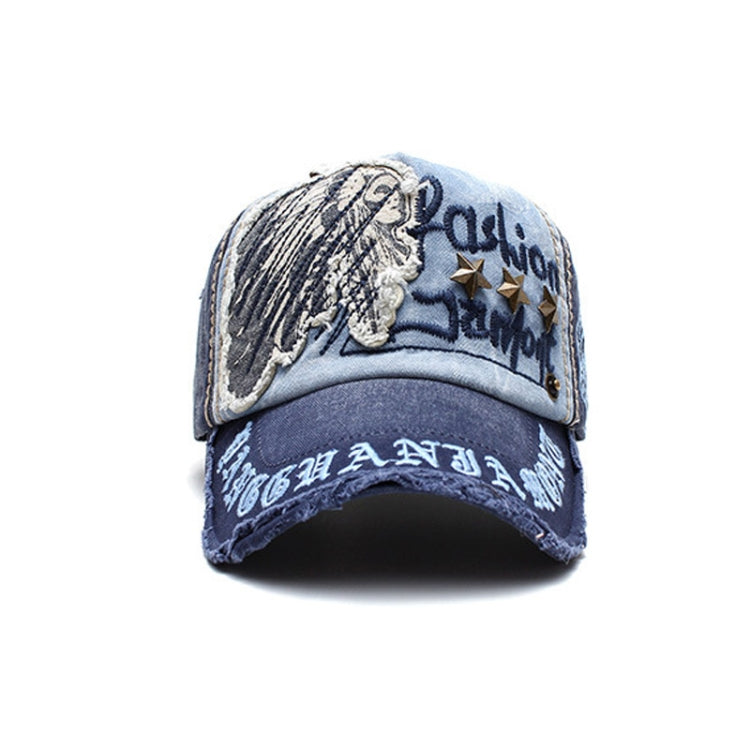 Casual baseball cap in light blue and navy with embroidered letters, star accents, and distressed brim.