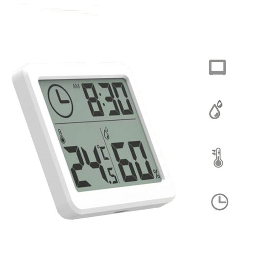 White electronic temperature and humidity monitor clock with large LCD display