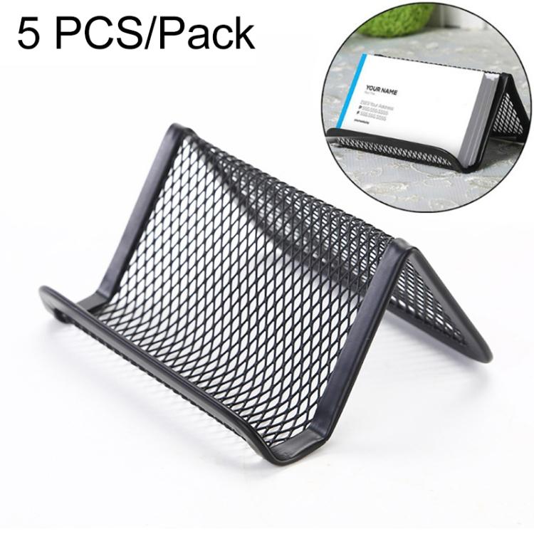 Black metal mesh business card holder with angled triangular stand