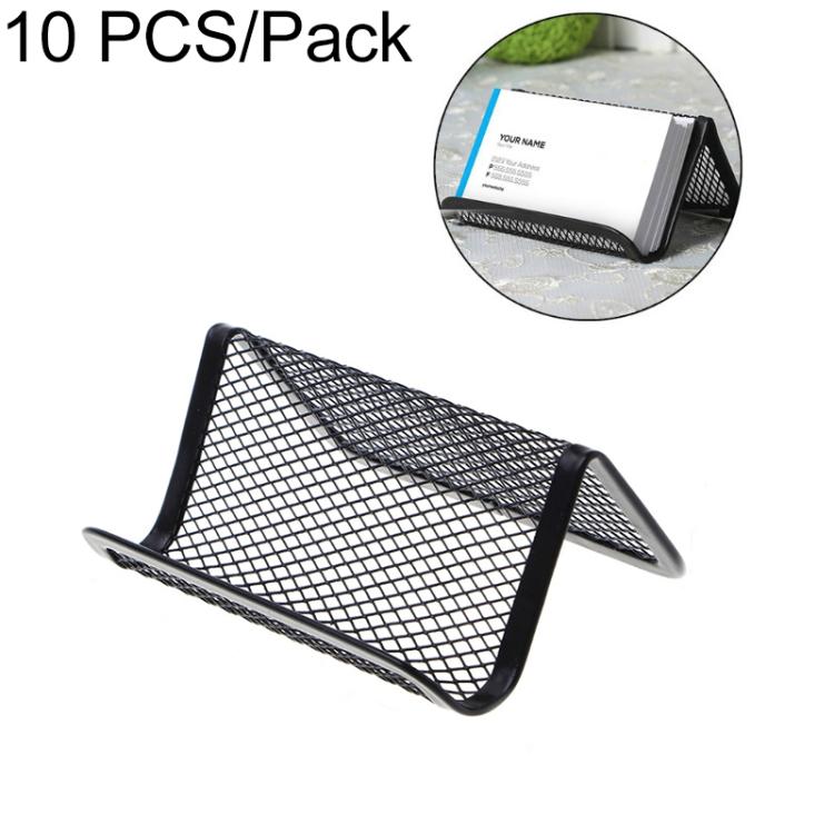 Black metal mesh business card holder with open stand, angled view