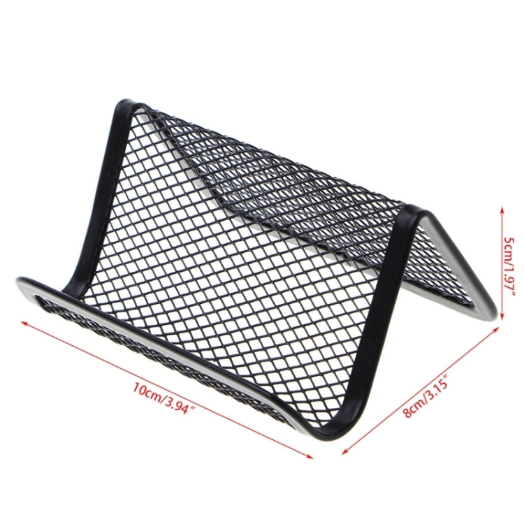 Black metal mesh business card holder with open stand and shown size dimensions