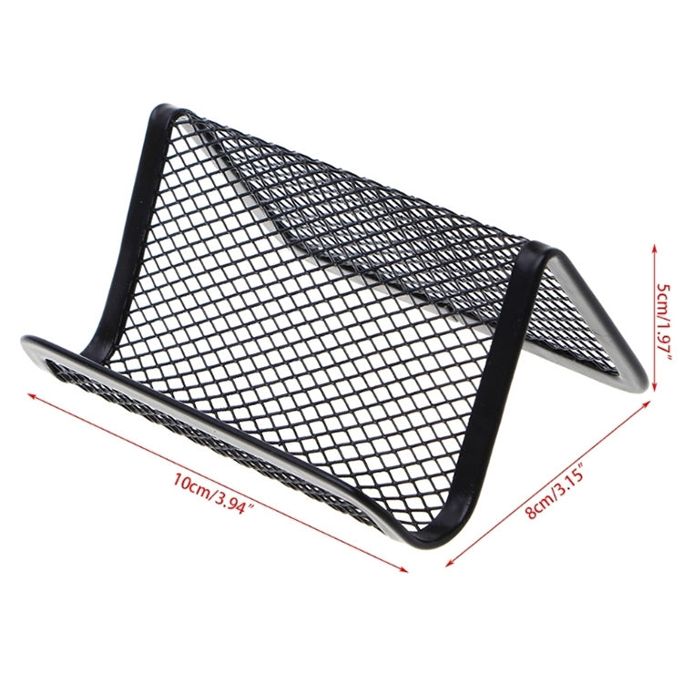 Black metal mesh business card holder, angled view with side supports
