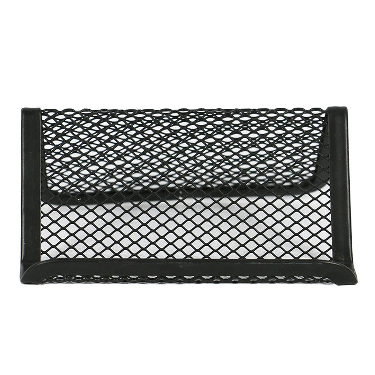 Black metal mesh business card holder, front view with open back