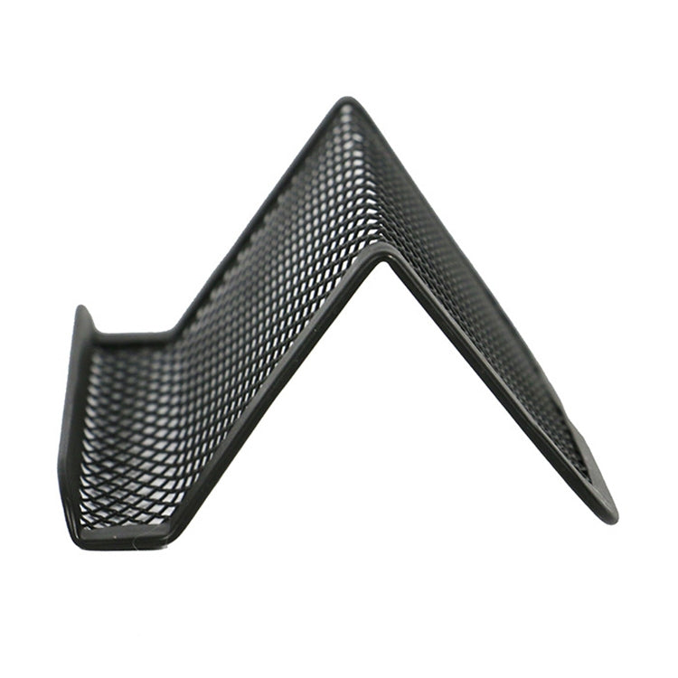 Black metal mesh business card holder, angled side profile on stand