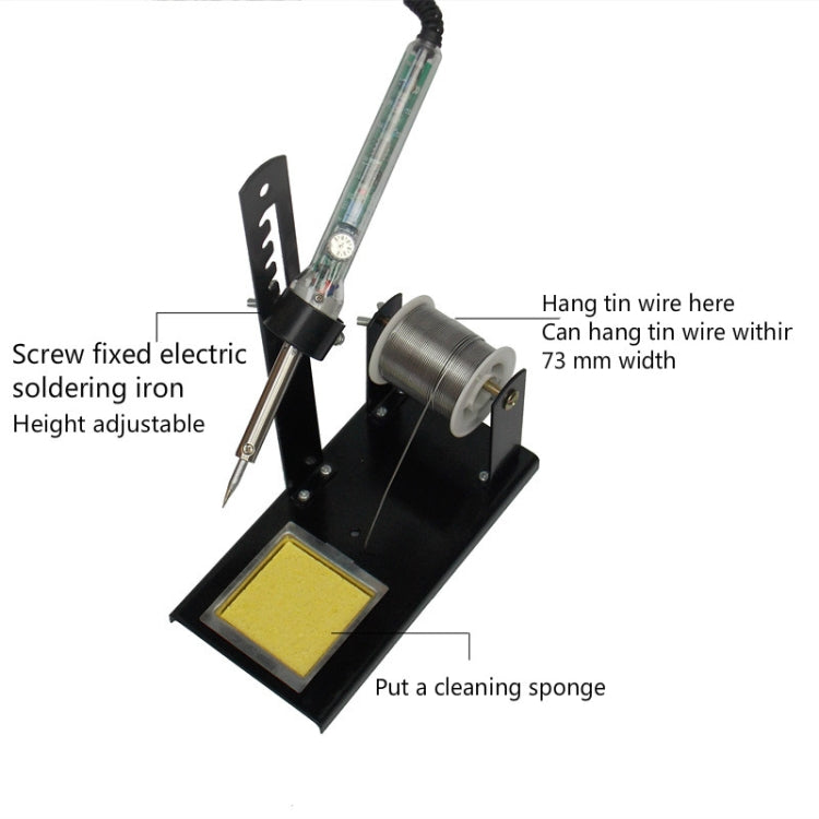 Soldering iron stand with sponge tray, adjustable post, and wire-hanging holder