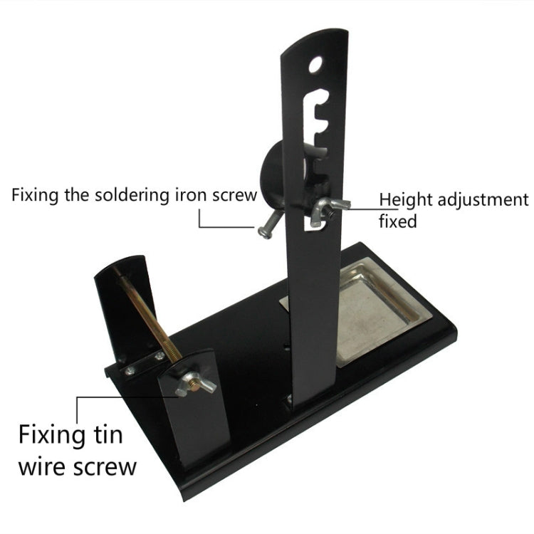 Black soldering iron stand with fixed height post and tin wire screw clamp