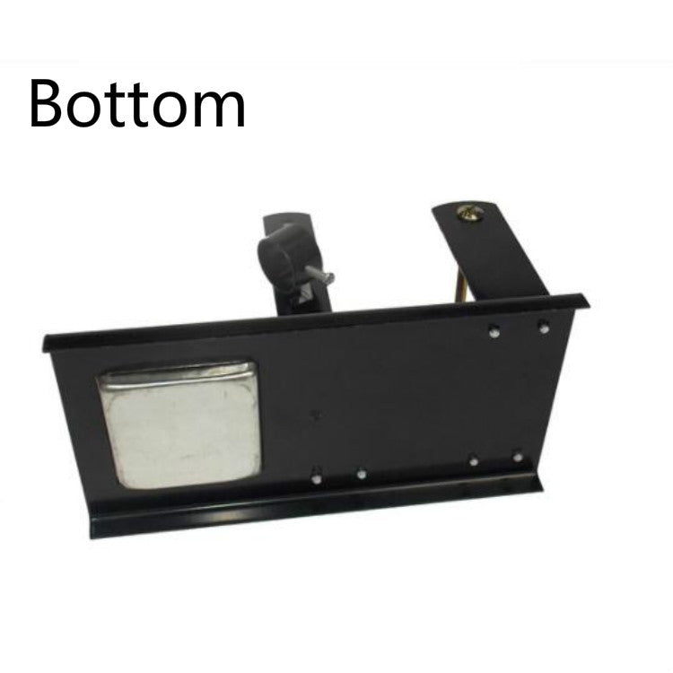 Bottom view of black soldering iron stand base with mounting brackets and tray plate