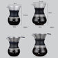 Coffee maker set showing 200ml and 400ml options, with and without strainer, with dimensions