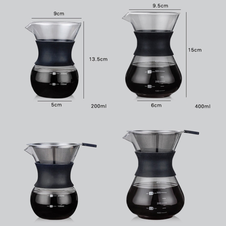 Coffee maker set showing 200ml and 400ml options, with and without strainer, with dimensions