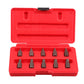 Bolt extractor set in red case, showing 10 extraction tips for broken screws
