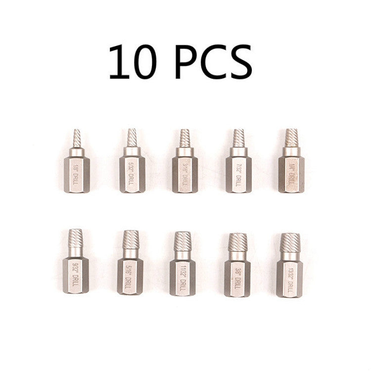 Ten metal bolt extractor bits with spiral flutes for broken screw removal