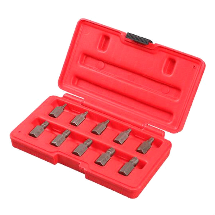 Red bolt extractor kit case open with multiple screw and nut removal tips