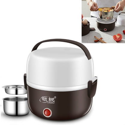 Brown and white electric lunch box with stainless inner pot and carry handle