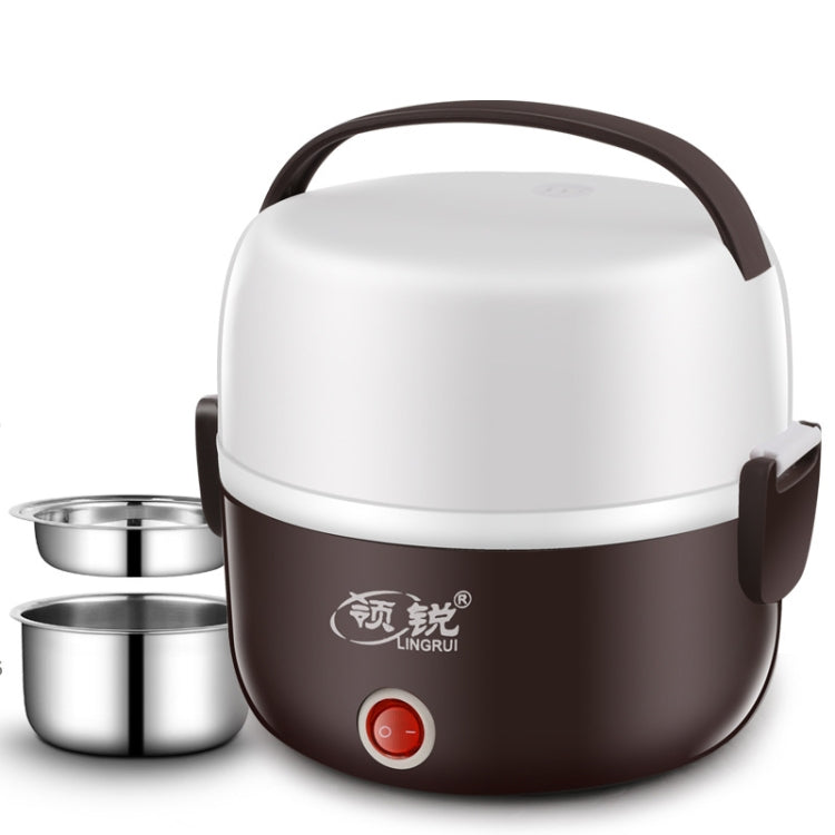 Electric lunch box cooker in brown with white lid and stainless food containers