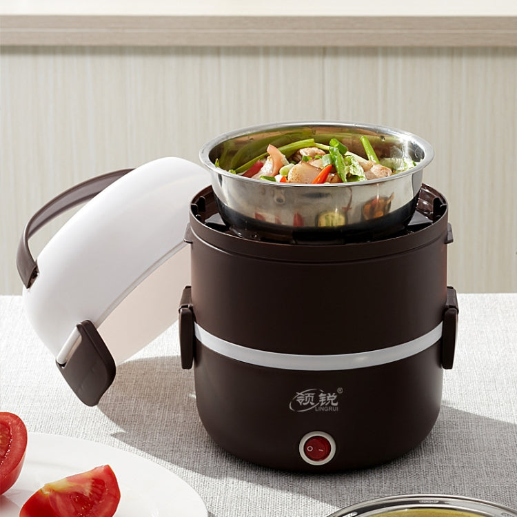 Brown electric lunch box with open stainless inner pot filled with mixed food
