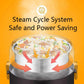 Steaming electric lunch box with rotating steam arrows above the stainless inner pot