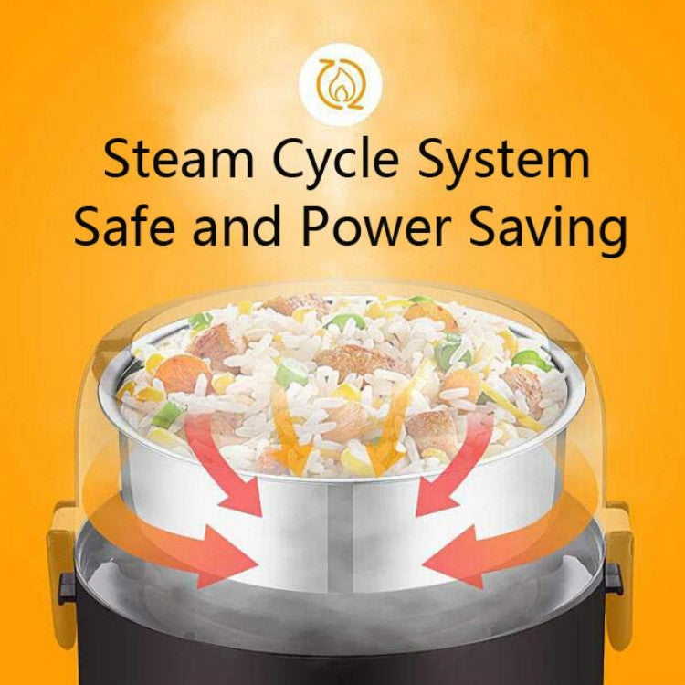 Steaming electric lunch box with rotating steam arrows above the stainless inner pot