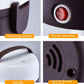 Electric lunch box with red power switch, retaining handles, and vented side panels