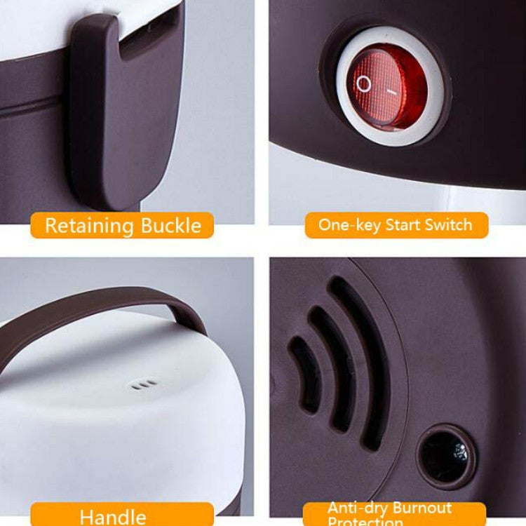 Electric lunch box with red power switch, retaining handles, and vented side panels
