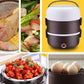Dark brown electric lunch box cooker with white lid and red power button