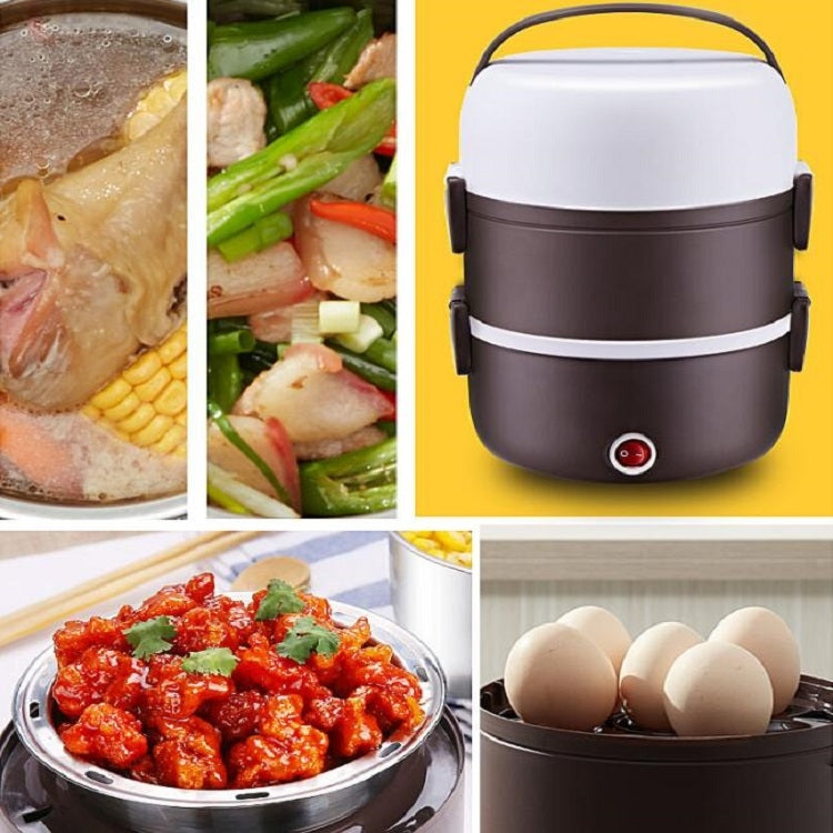 Dark brown electric lunch box cooker with white lid and red power button
