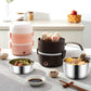 Electric lunch box cooker set with dark brown and white units, stainless bowls, and eggs