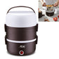Electric lunch box cooker with brown body, white lid, and side carry handles