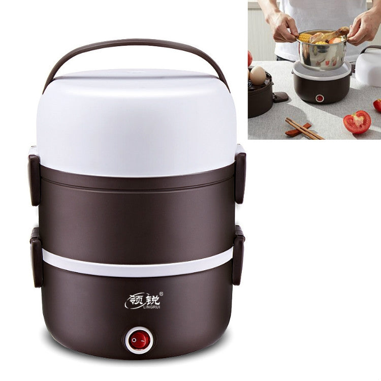 Electric lunch box cooker with brown body, white lid, and side carry handles