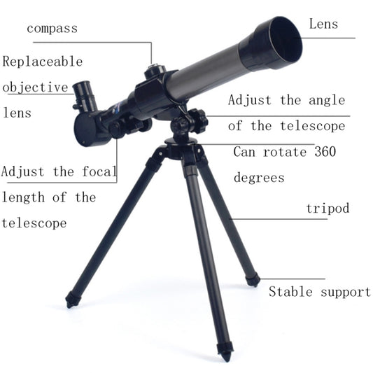 Children telescope on tripod with adjustable angle, focus length, and 360° rotation