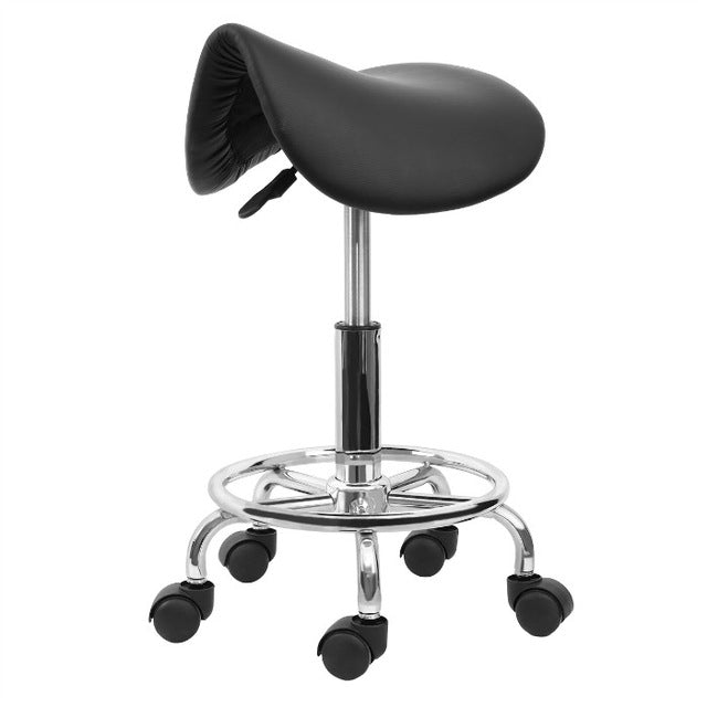 Black saddle ergonomic stool chair with chrome base and caster wheels