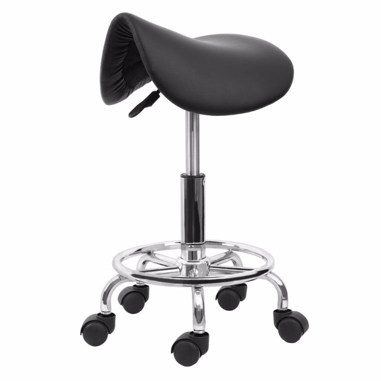 Black saddle stool chair with chrome pedestal and 5 caster wheel base