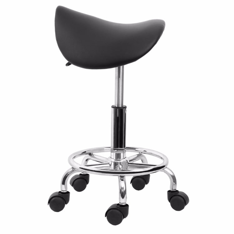 Black curved saddle seat stool with chrome post and caster wheel base