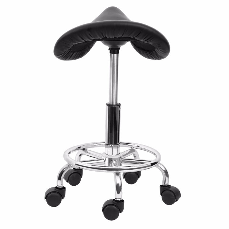 Black saddle chair with wide back support, chrome pedestal, and caster wheels