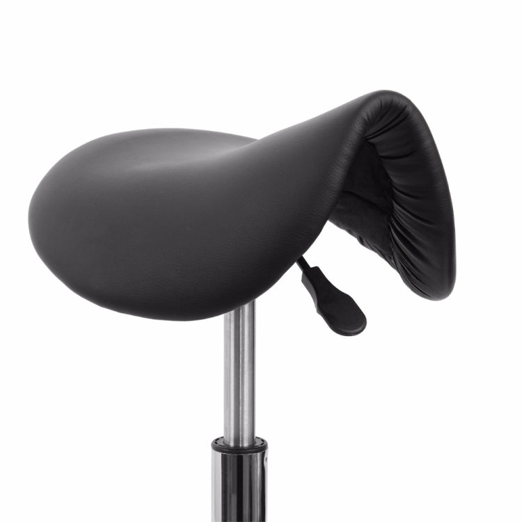 Black saddle stool chair with curved seat, side support wings, and chrome post