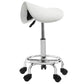 White saddle ergonomic stool chair with chrome base and caster wheels