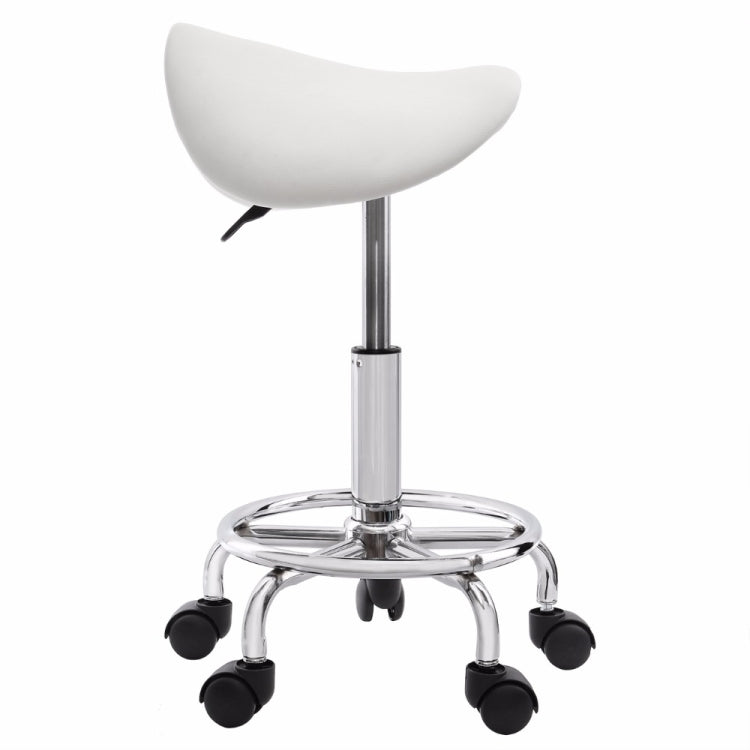 White curved saddle seat chair with chrome pedestal and caster wheel base