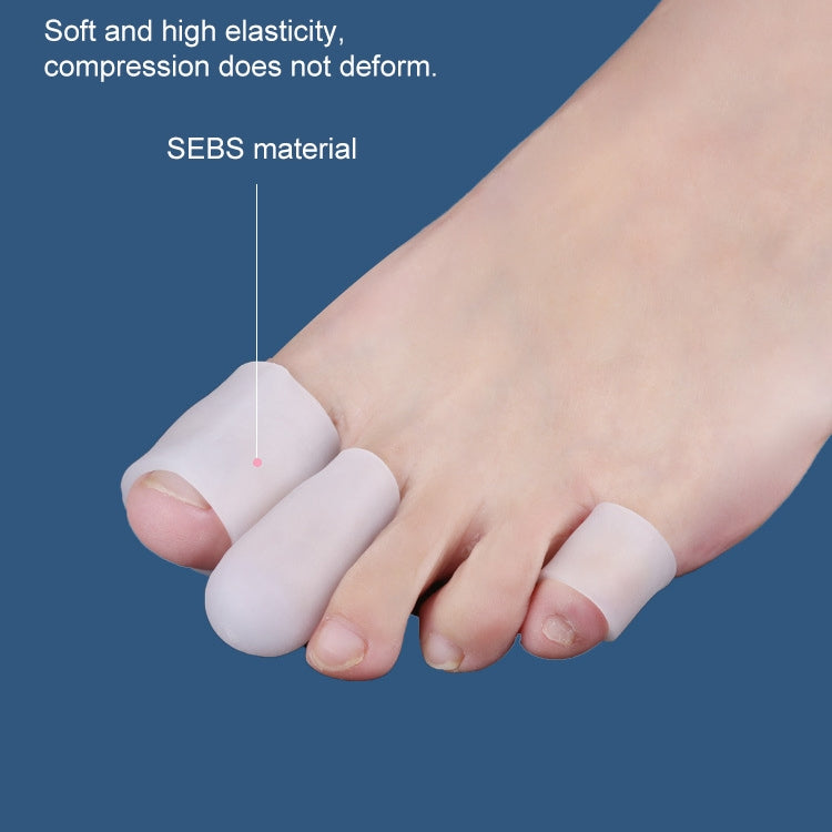 Stretchable white toe corn cap over toes, close-up