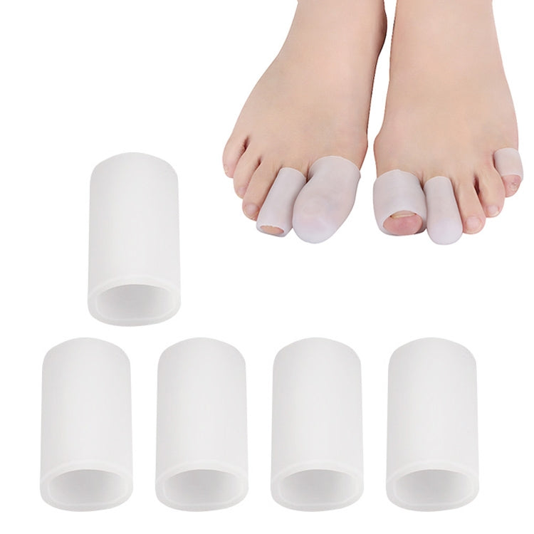 White toe corn protector set, toe caps shown on feet and in pieces