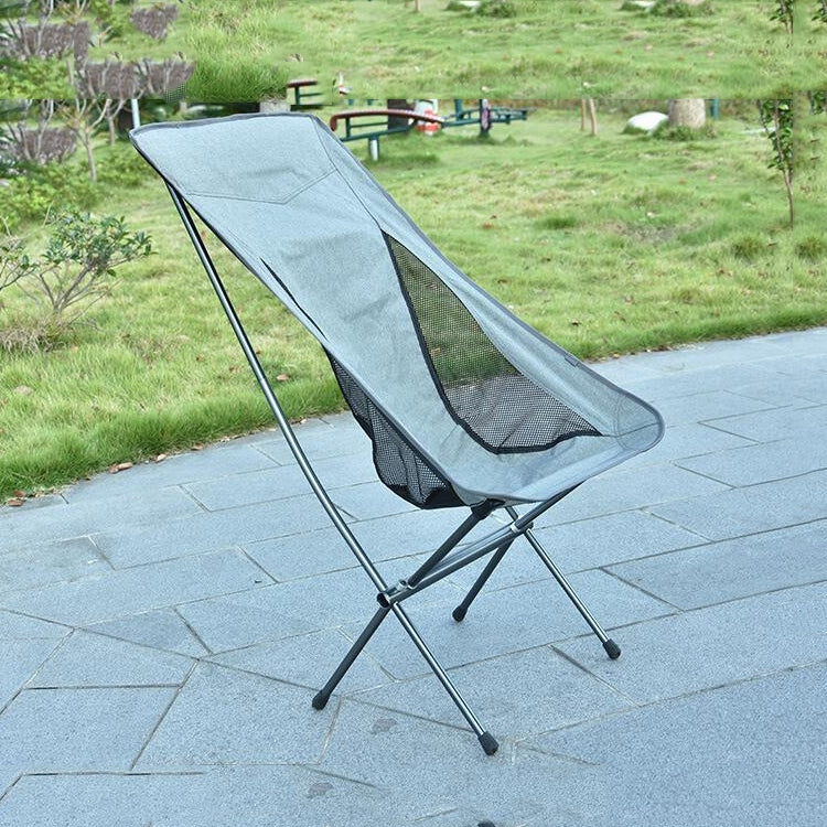 Outdoor portable folding chair with light gray seat and black mesh side panels
