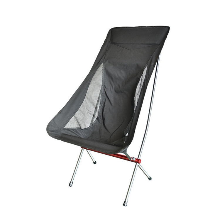 Outdoor portable folding chair with dark gray fabric and red frame accents