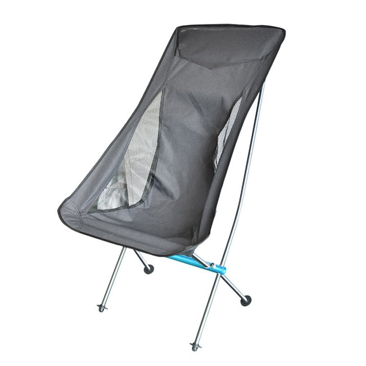 Outdoor portable folding chair with dark gray fabric and blue frame accents