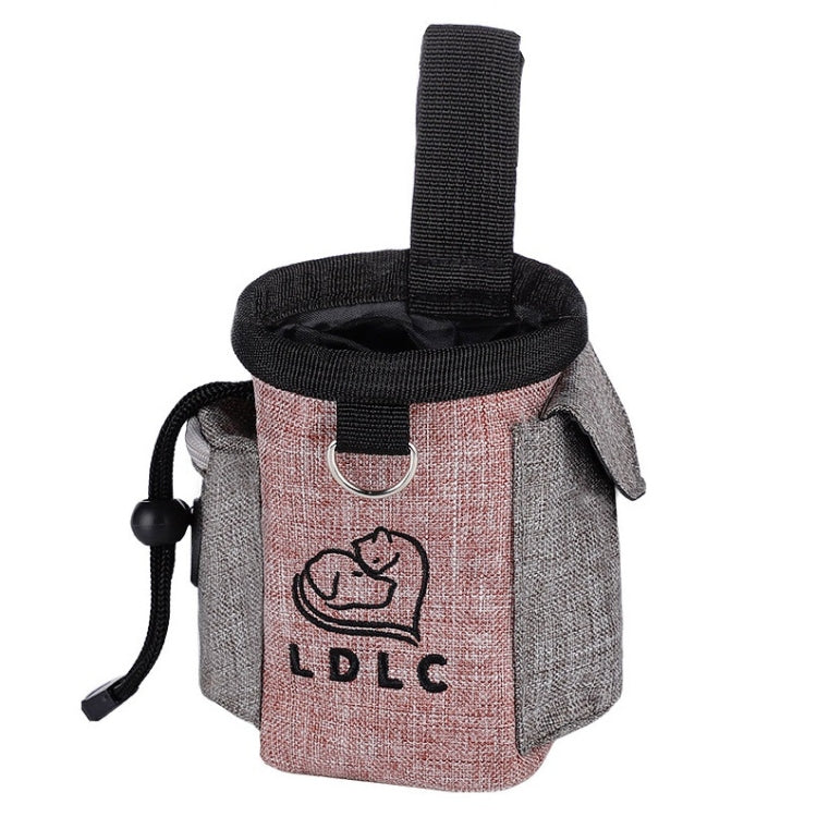 Grey and light pink pet treat waist bag with top handle strap and side pull tab