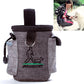 Grey pet training waist bag with wide top opening, ring clip, and dog silhouette logo
