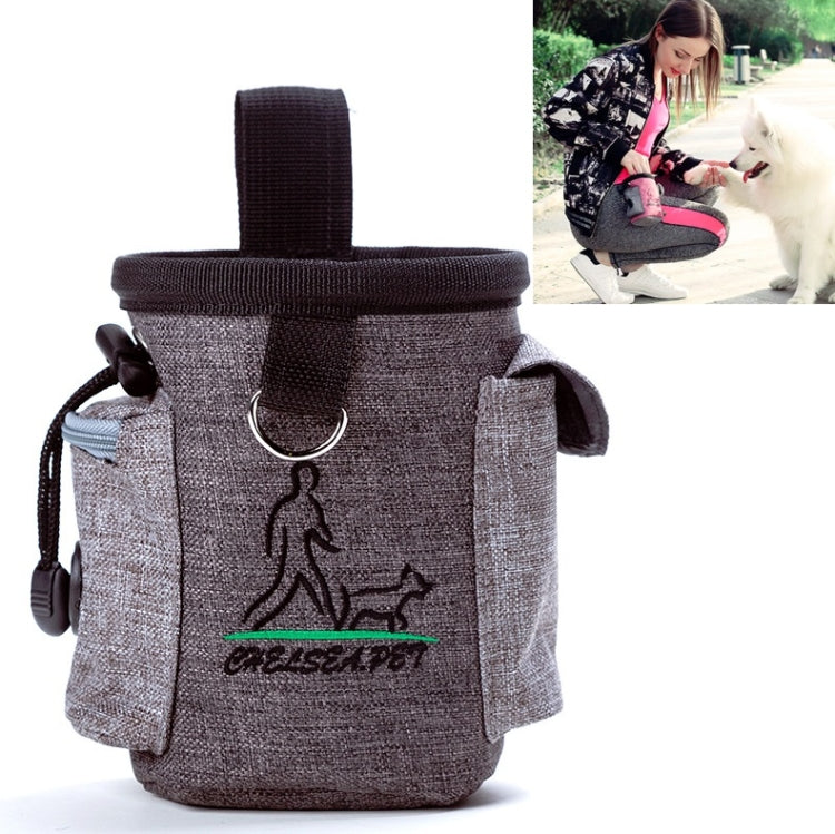 Grey pet training waist bag with wide top opening, ring clip, and dog silhouette logo