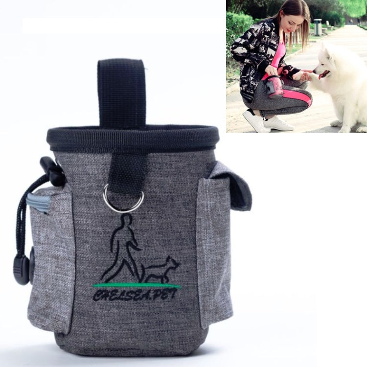 Grey pet waist snack bag with ring buckle, side tabs, and dog silhouette logo patch