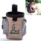 Tan and grey pet treat waist bag with top strap, side loop, and walking-dog logo