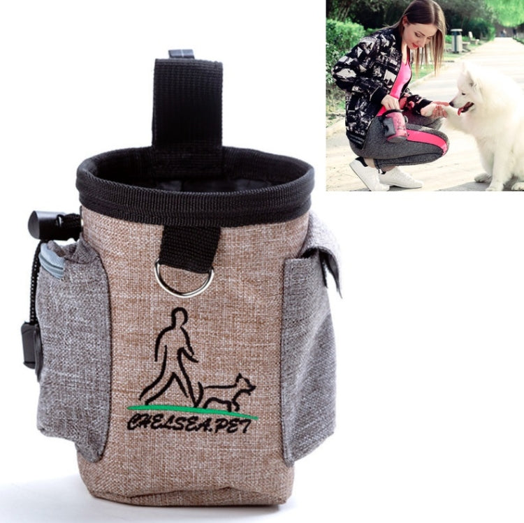 Tan and grey pet treat waist bag with top strap, side loop, and walking-dog logo